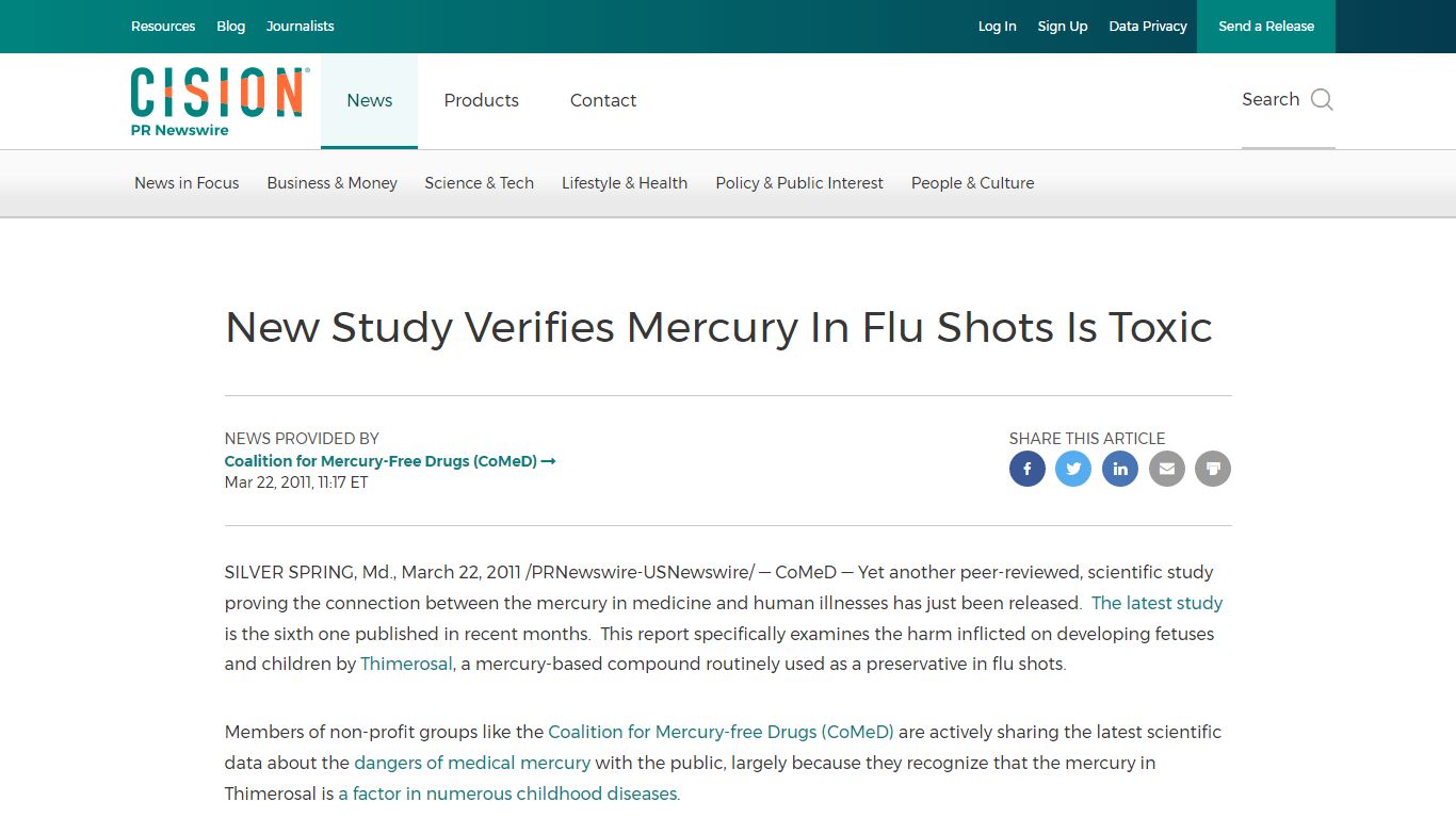 New Study Verifies Mercury In Flu Shots Is Toxic - PR Newswire